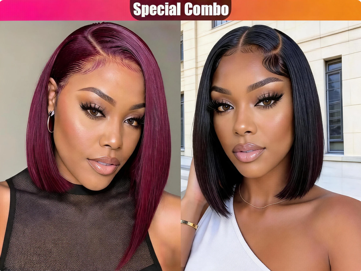 Hot Combo | Emma Glueless 13x4 Full Frontal Human Hair 99J Color bob + Natural Black ColorBob Wig