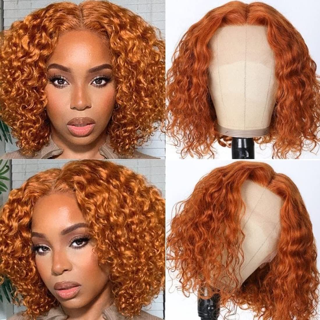 Emma Jerry Curly Bob 13x1 Lace Frontal Human Hair Wigs for Black Women Orange Ginger Color 8 Inches