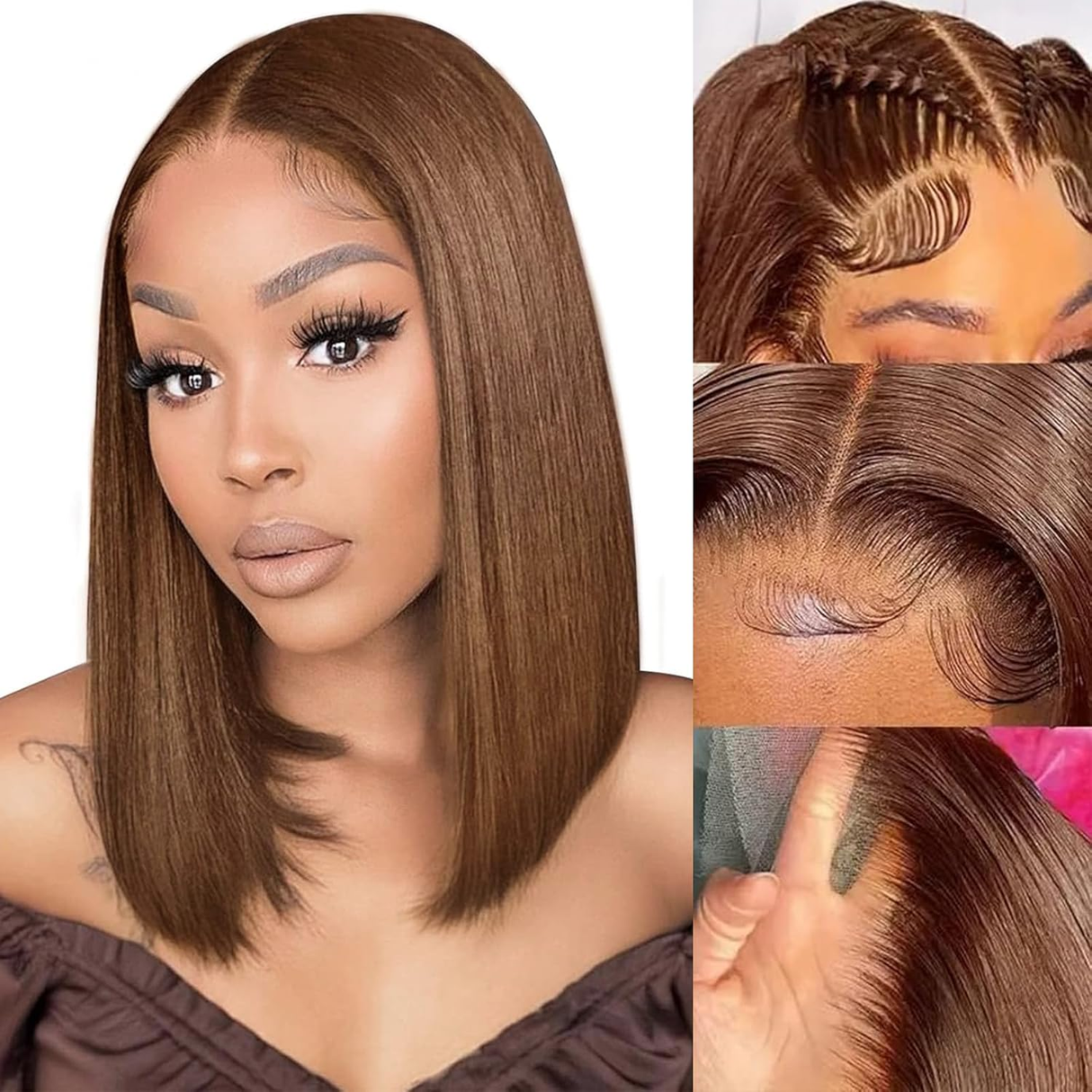 Brown Color 13x4 Full Frontal Wig 100% Human Hair Glueless 5x5 Bob Wig Pre Plucked