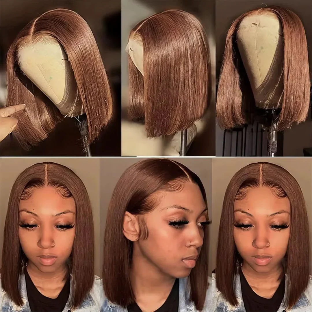 Brown Color 13x4 Full Frontal Wig 100% Human Hair Glueless 5x5 Bob Wig Pre Plucked