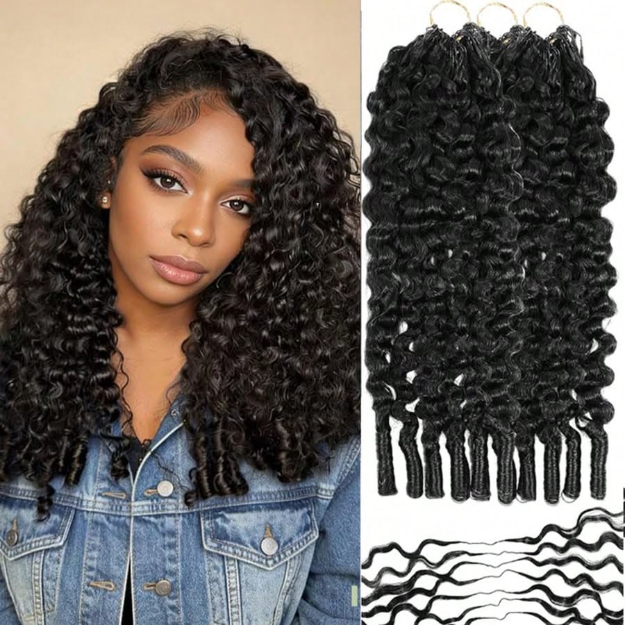 Emma Burmese Curly Crochet Human Hair 16 Inch 60g Knotless Pre-Separated Feather Crochet Human Hair Bundles Invisible Miracle Knots Reusable Human Crochet Hair Natural Black Color