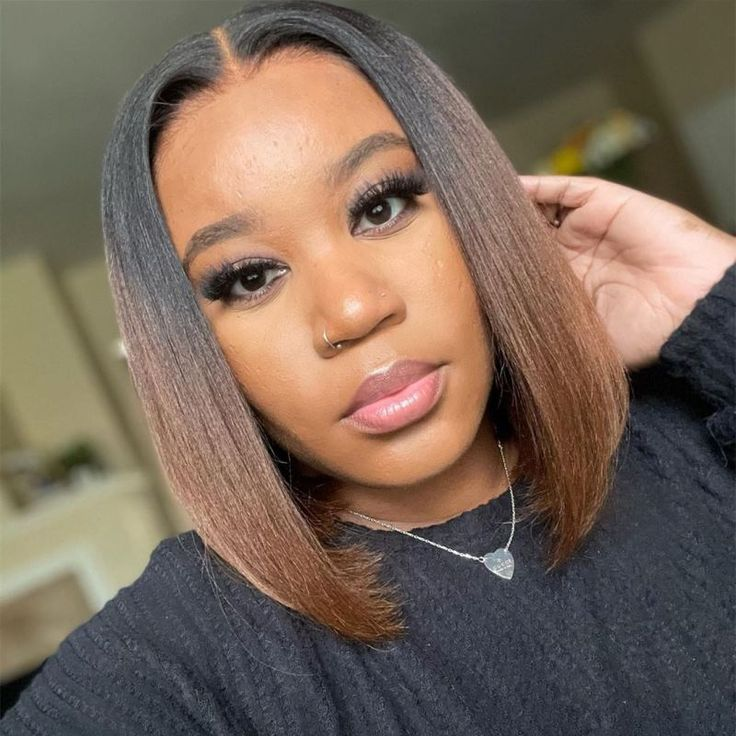 Emma Dark Roots Ombre Brown Color Short Bob Full Frontal Wig Pre Plucked Human Hair