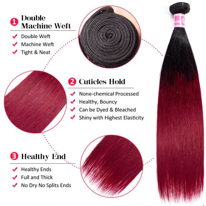 Emma 11A Dark Roots T1B Burgundy Ombre Color Straight Human Hair Bundles