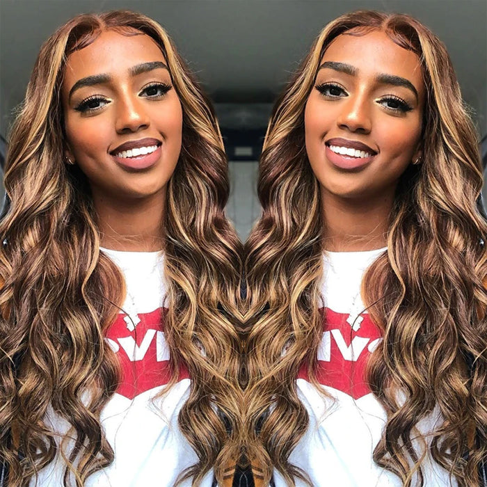 Emma 13x4 Lace Frontal Wig Pre Plucked Ombre Highlight Body Wave Human Hair
