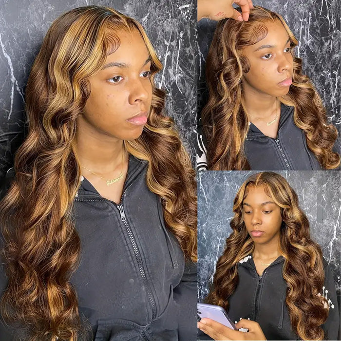 Emma 13x4 Lace Frontal Wig Pre Plucked Ombre Highlight Body Wave Human Hair