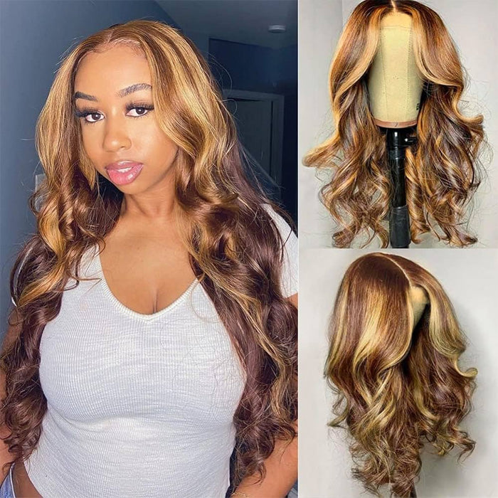 Emma 13x4 Lace Frontal Wig Pre Plucked Ombre Highlight Body Wave Human Hair