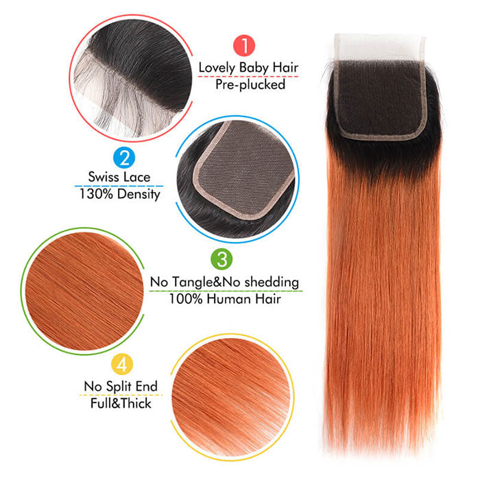 Emma 1B 350 Lace Closure Dark Roots Ginger Color Human Hair Flash Sale