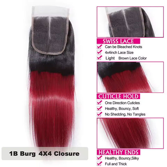Emma 1B Burgundy Color 4x4 Lace Closure Human Hair