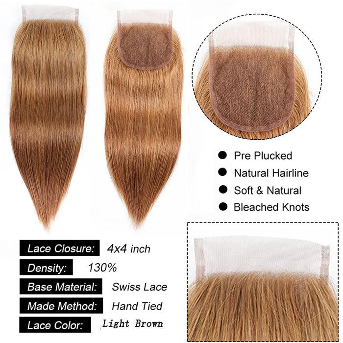 Emma 4x4 Lace Closure Light Brown Color 30 Straight Human Hair