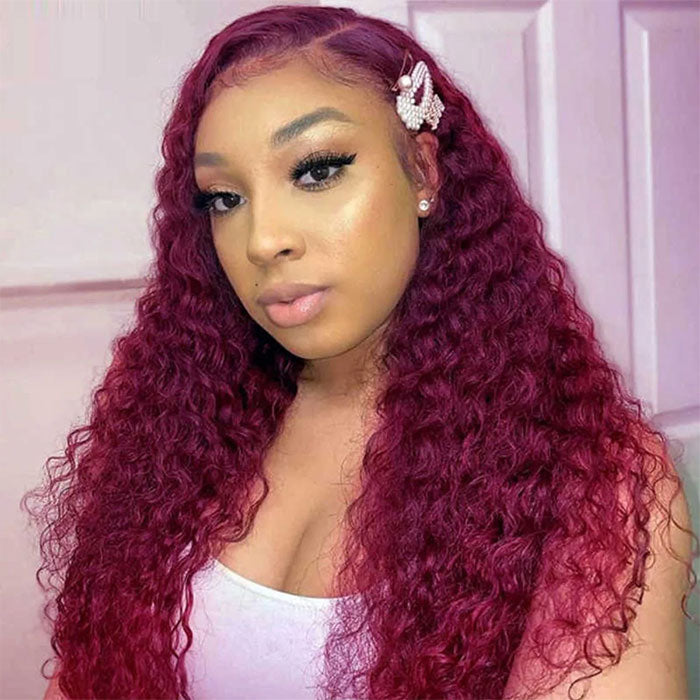 Emma Deep Wave 13x4 Lace Frontal Wig Red Burgundy Color Human Hair