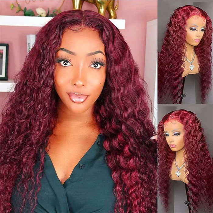 Emma Deep Wave 13x4 Lace Frontal Wig Red Burgundy Color Human Hair