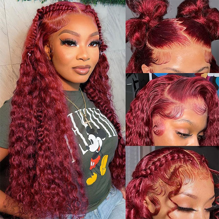 Emma Deep Wave 13x4 Lace Frontal Wig Red Burgundy Color Human Hair