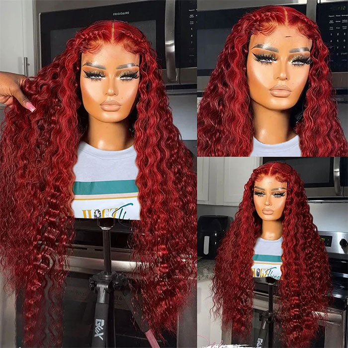 Emma Deep Wave 13x4 Lace Frontal Wig Red Burgundy Color Human Hair