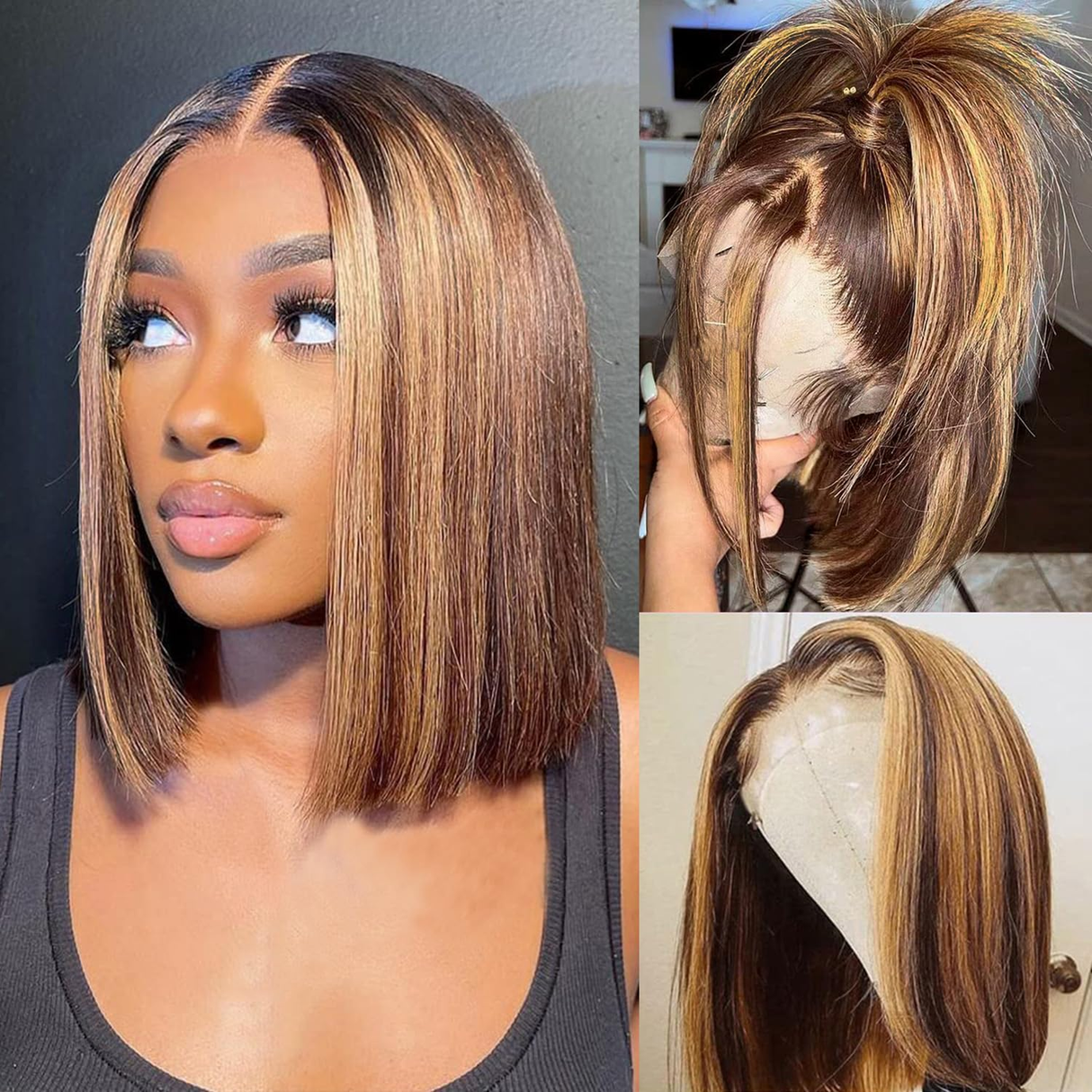 Emma Ombre Highlight Color P4/27 Short Bob 13x4 Lace Frontal Wig Human Hair