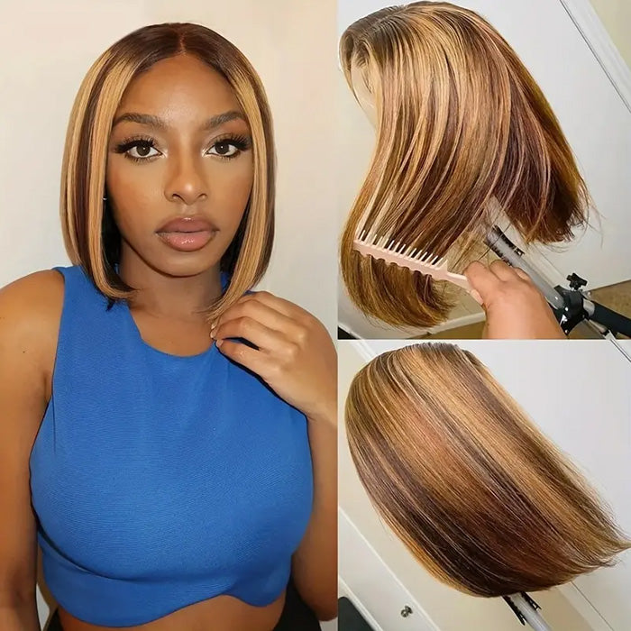 Emma Ombre Highlight Color P4/27 Short Bob 13x4 Lace Frontal Wig Human Hair