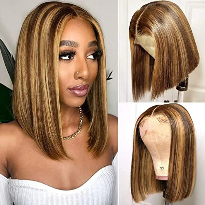 Emma Ombre Highlight Color P4/27 Short Bob 13x4 Lace Frontal Wig Human Hair