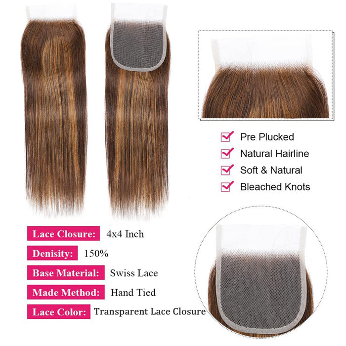 Emma Silky Straight Highlight 4x4 Lace Clsoure Pre Plucked Human Hair