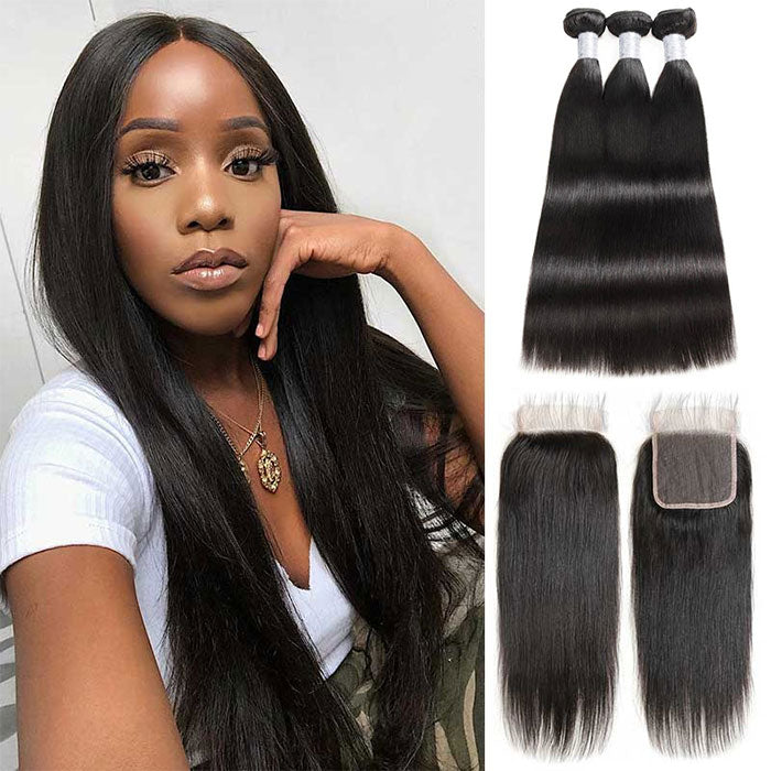 Emma Straight Virgin Human Hair Weave 3 Bundles with 4x4 Lace Closure