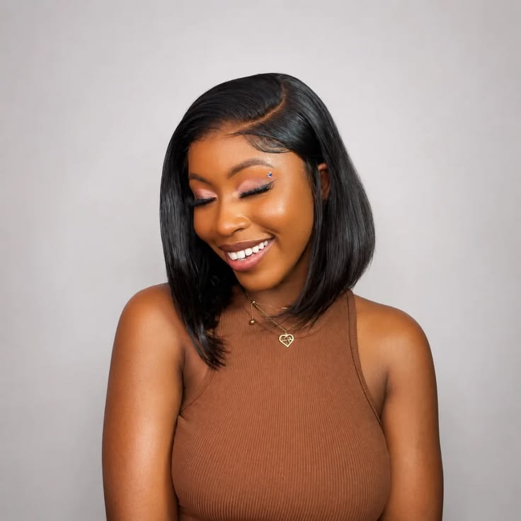 Remy Human Hair Bob Wig Glueless 220% Density Double Drawn Drawstring Cap Black