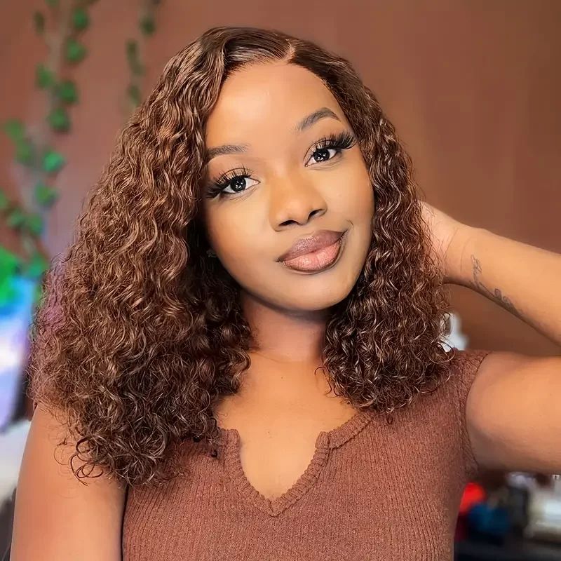 EMMA 220% Density Double Drawn Water Wave With 13x4 Frontal Lace Bob Wig Virgin Human Hair Dark Chocolate Brown Color