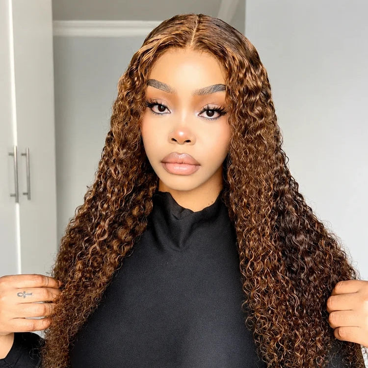 Emma 220% Density Double Drawn 13x4 Lace Full Frontal Jerry Curly Wig Pre Plucked Human Hair Brown Color
