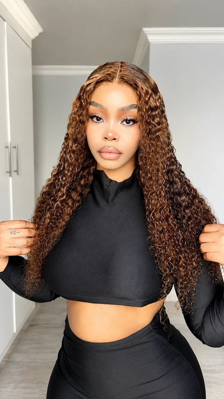 Emma Glueless double drawn 13x4 Lace Full Frontal Jerry Curly Wig Pre Plucked Human Hair Brown Color