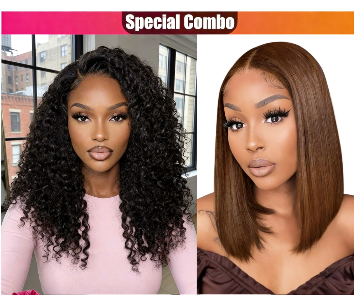 Hot Combo | 13x4 Full frontal Glueless Jerry Curly + 5x5 Glueless Brown Straight Bob