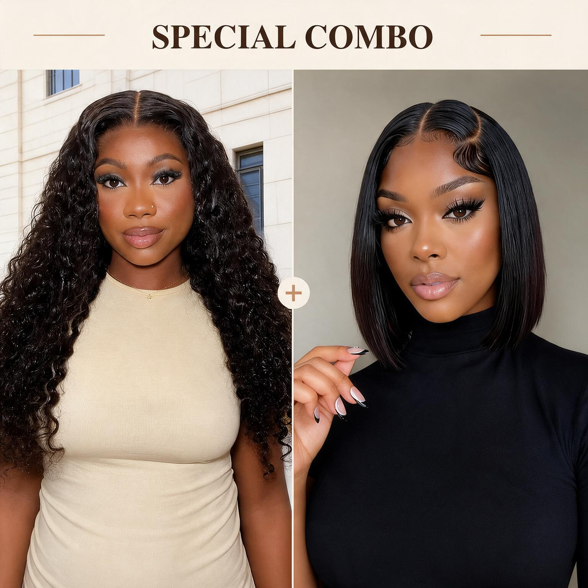 Hot Combo | Emma Water Wave Lace Frontal Wig + Glueless 13x4 Full Frontal Straight Bob Wig