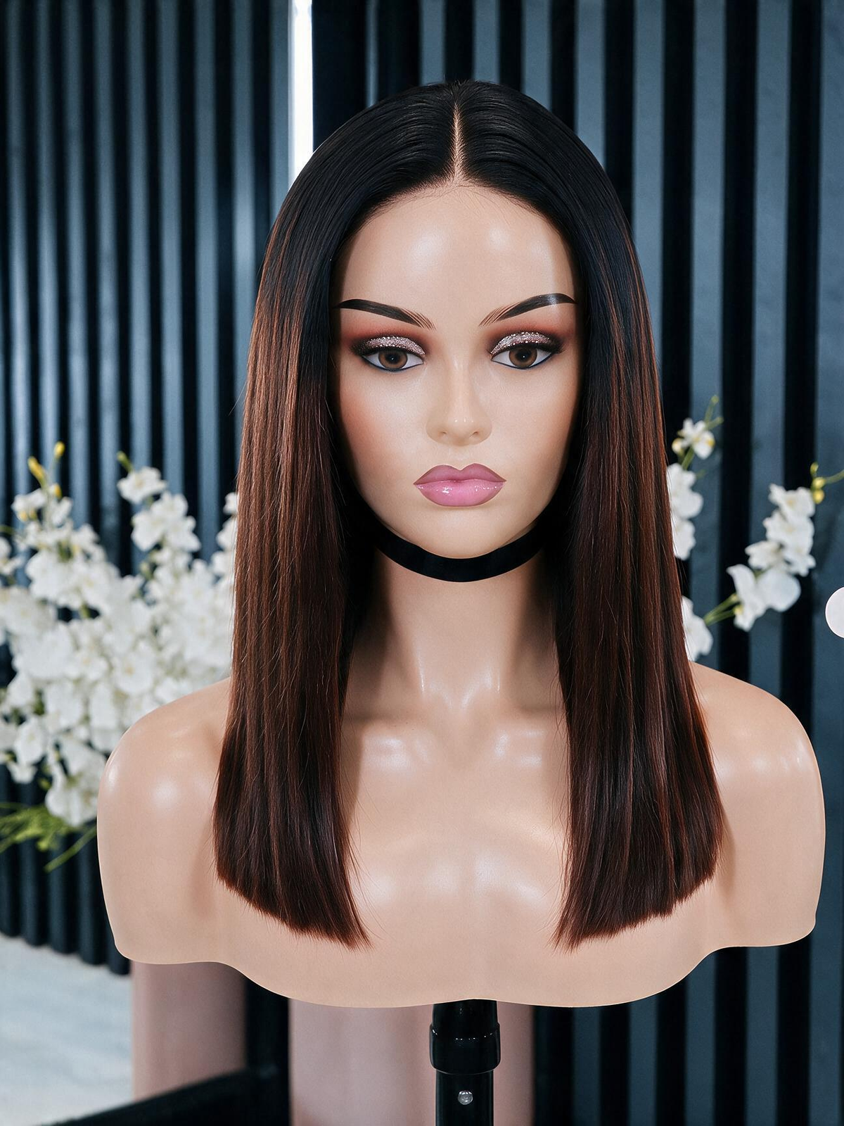 EMMA Vietnam Hair Glueless 5x5 Lace Closure Wig Bone Straight Ombre Brown T1B/4 Color 250% Density 100% Human Hair