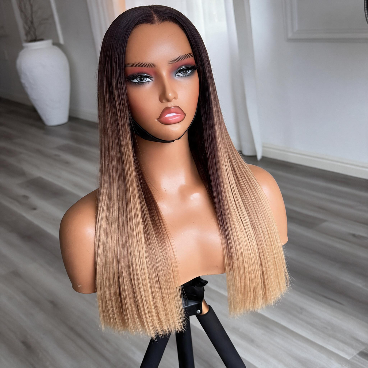Emma 220% Density Double Drawn 4x4 Glueless Drawstring Wig Cap Pre Plucked Straight Human Hair T1b/30 Ombre Honey Blonde Color