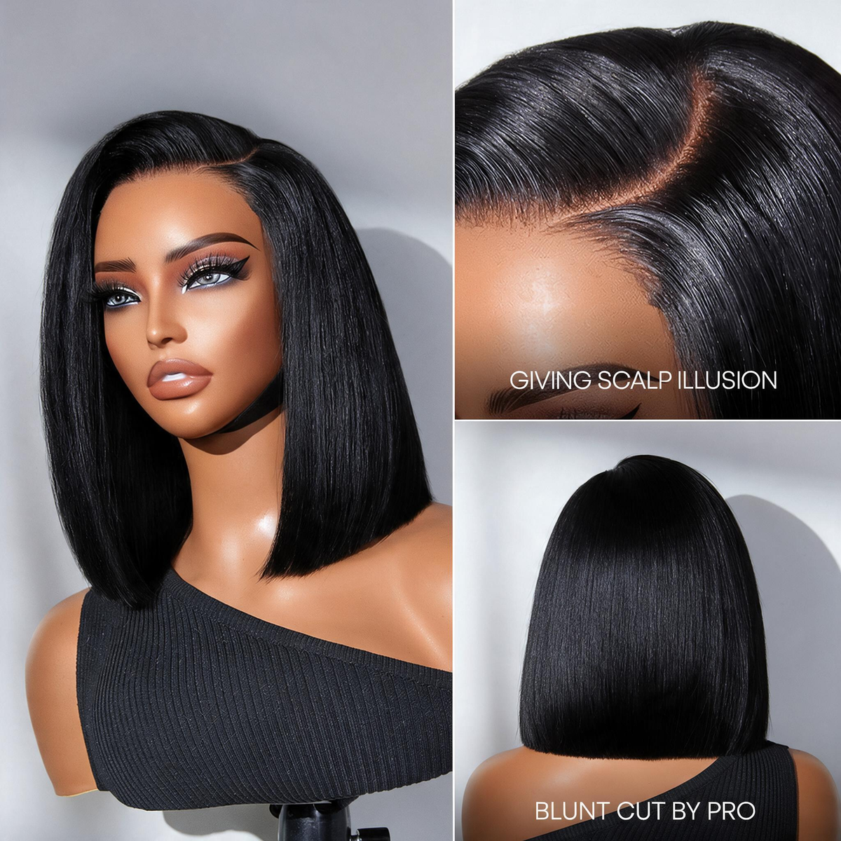 Remy Human Hair Bob Wig Glueless 220% Density Double Drawn Drawstring Cap Black