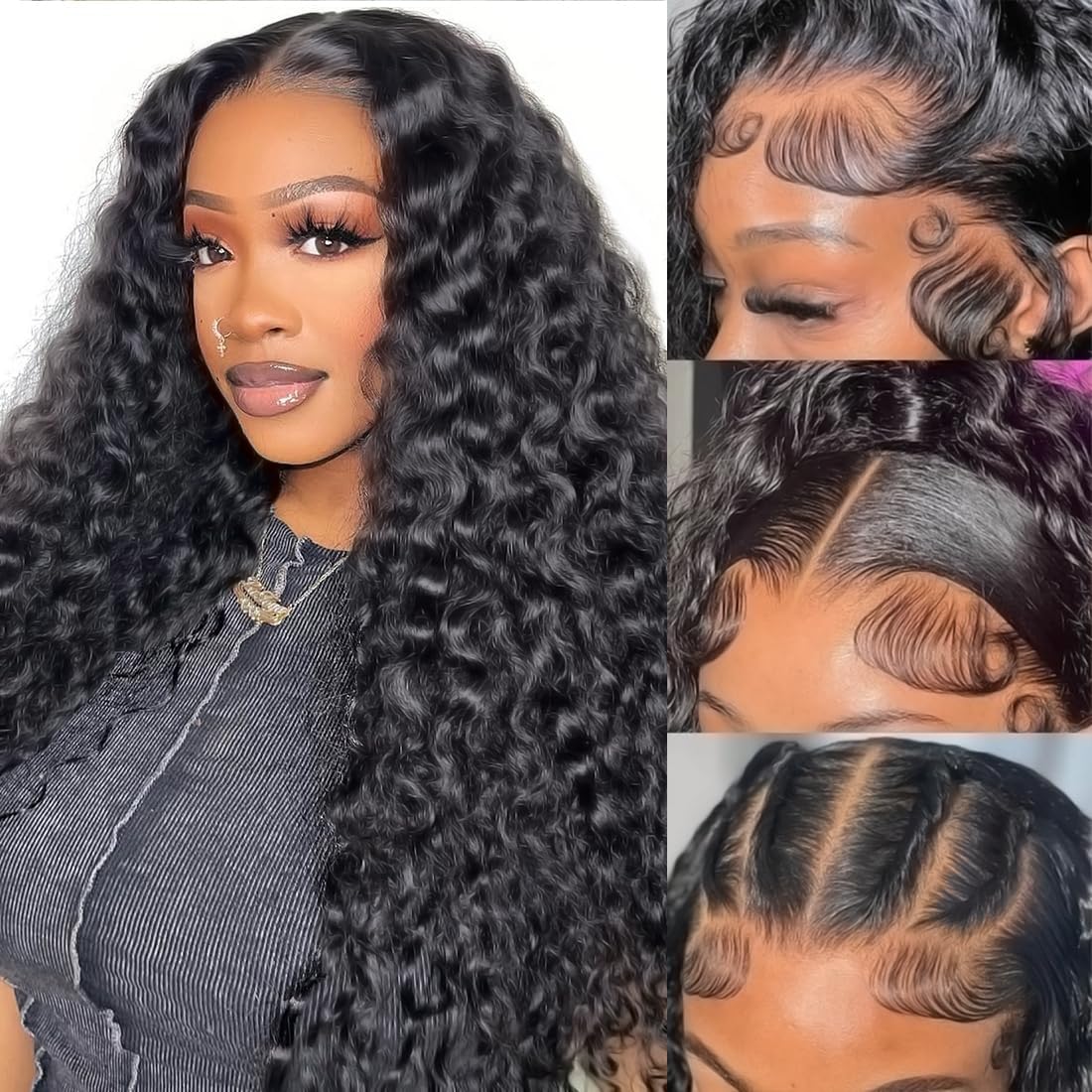Water Wave Human Hair Wig 13x6 Lace Front Wigs Black Color