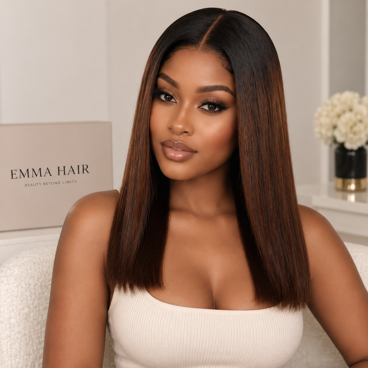EMMA Vietnam Hair Glueless 5x5 Lace Closure Wig Bone Straight Ombre Brown T1B/4 Color 250% Density 100% Human Hair