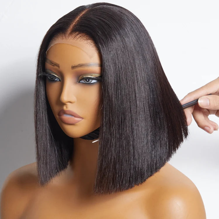 Emma Glueless 220% Density Bob 4x4 Lace Closure 12 Inch Double Drawn Black Color Human Hair