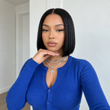 Remy Human Hair Bob Wig Glueless 220% Density Double Drawn Drawstring Cap Black