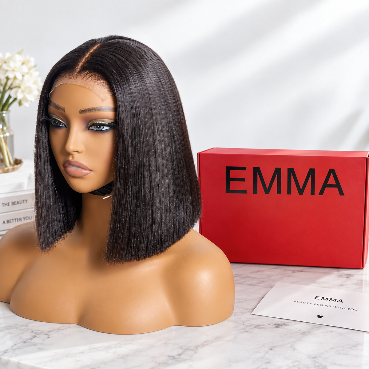 Emma Glueless 220% Density Bob 4x4 Lace Closure 12 Inch Double Drawn Black Color Human Hair