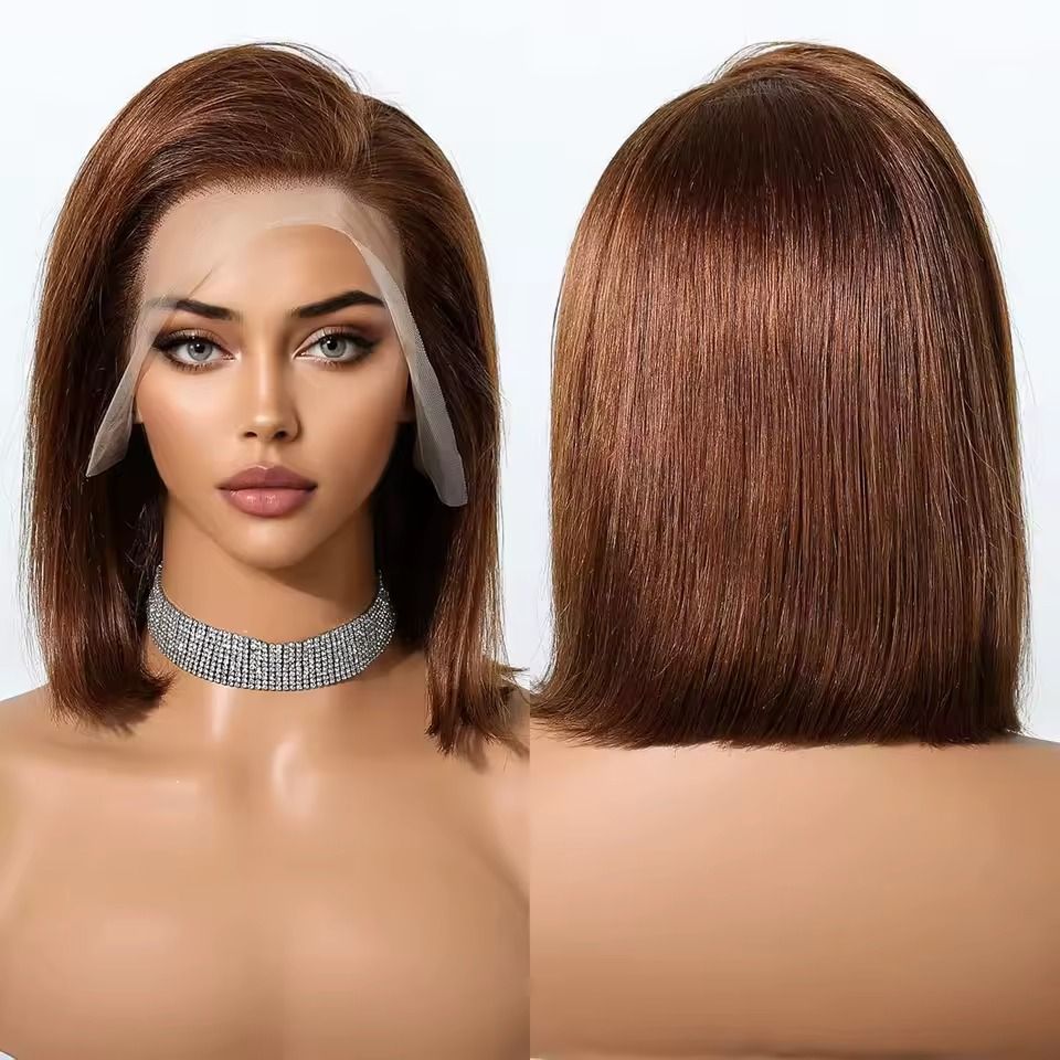 Emma  Glueless  double drawn 13x4 Lace Full Frontal bob Wig Pre Plucked Human Hair Brown Color