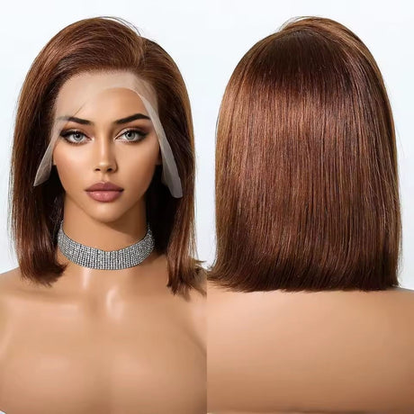Emma  Glueless  double drawn 13x4 Lace Full Frontal bob Wig Pre Plucked Human Hair Brown Color