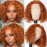 Emma Jerry Curly Bob 13x1 Lace Frontal Human Hair Wigs for Black Women Orange Ginger Color 8 Inches