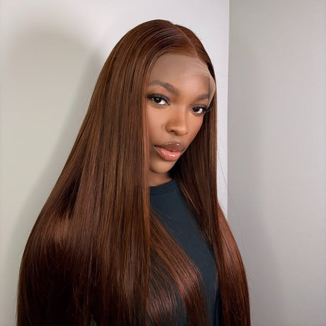 Emma Chocolate Brown Color 13x4 Frontal Glueless Wig Pre Plucked Straight Human Hair