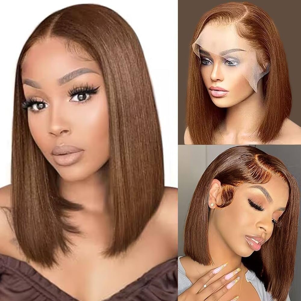 Brown Color 13x4 Full Frontal Wig 100% Human Hair Glueless 5x5 Bob Wig Pre Plucked