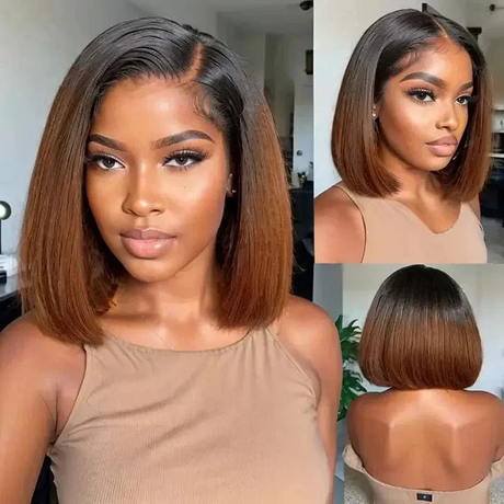 Emma Dark Roots Ombre Brown Color Short Bob Full Frontal Wig Pre Plucked Human Hair