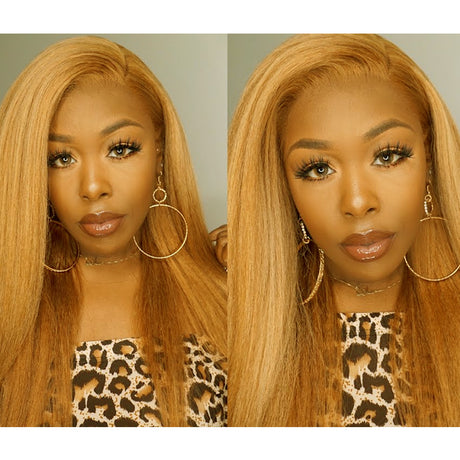 Emma Kinky Straight 13x4 Lace Frontal Wig Honey Blonde Color #27 Human Hair Flash Sale