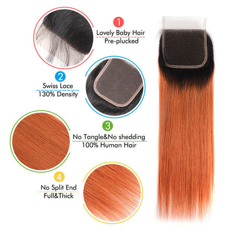 Emma 1B 350 Lace Closure Dark Roots Ginger Color Human Hair Flash Sale