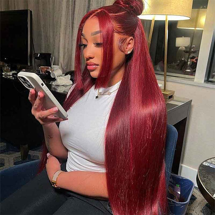 Emma Burgundy Color 360 Lace Frontal Wig Pre Plucked Straight Human Hair Flash Sale