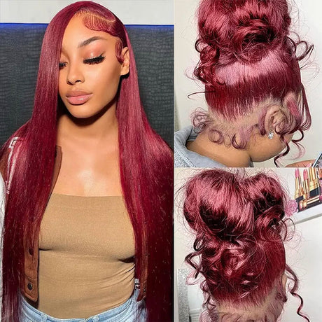 Emma Burgundy Color 360 Lace Frontal Wig Pre Plucked Straight Human Hair Flash Sale
