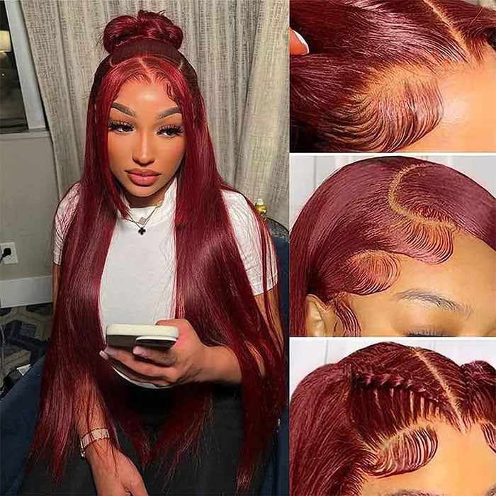 Emma Burgundy Color 360 Lace Frontal Wig Pre Plucked Straight Human Hair Flash Sale