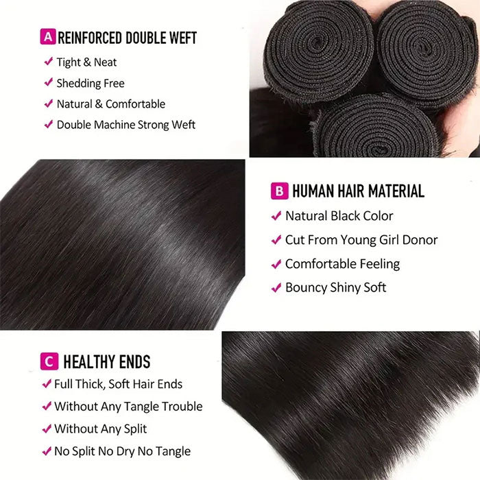 Emma Straight Virgin Human Hair Weave 3 Bundles with 4x4 Lace Closure