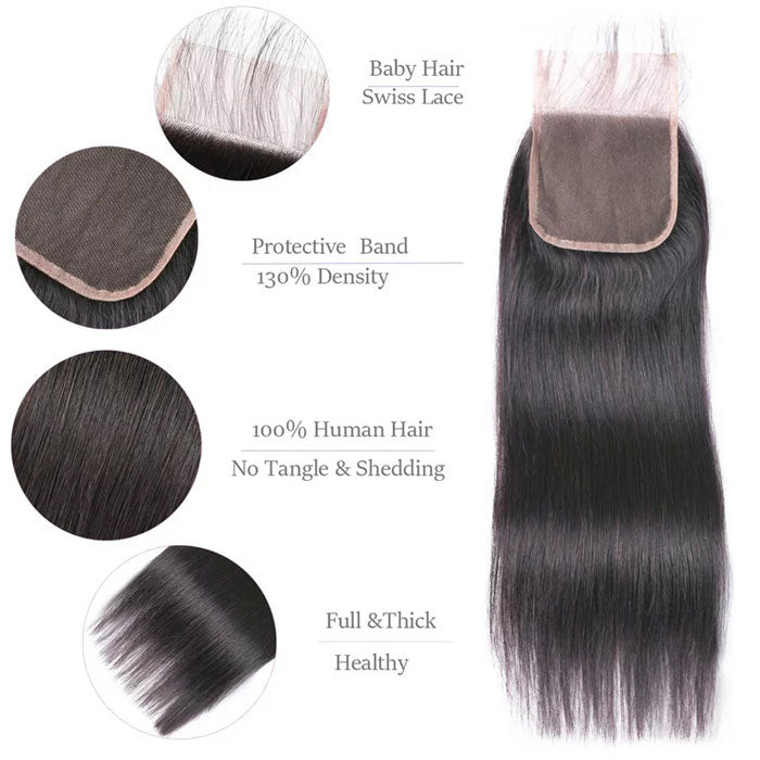 Emma Straight Virgin Human Hair Weave 3 Bundles with 4x4 Lace Closure