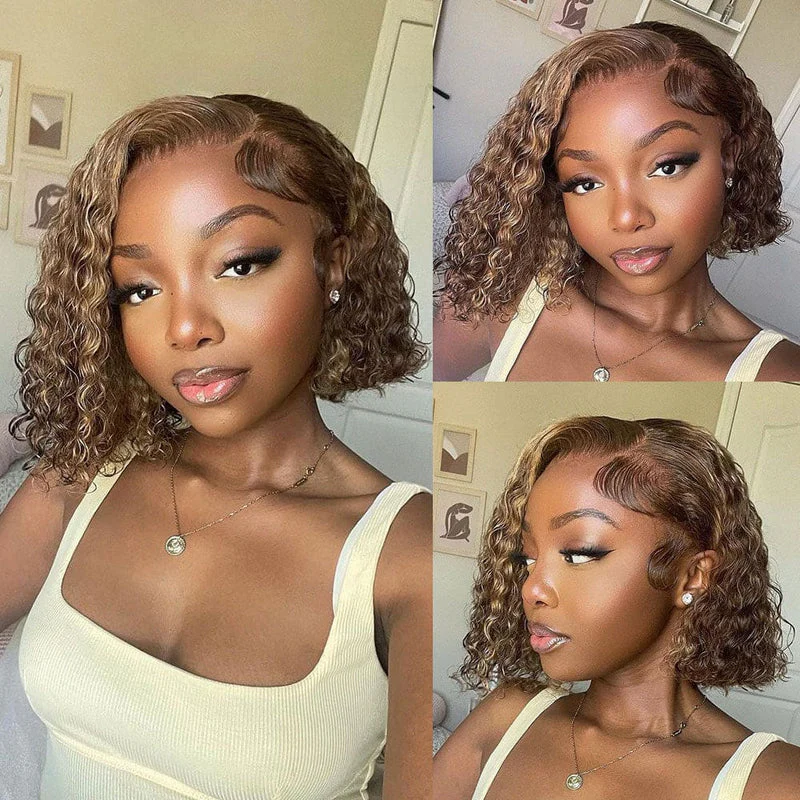 Emma Water Wave Short Bob 13x4 Frontal Wig Piano Color Human Hair